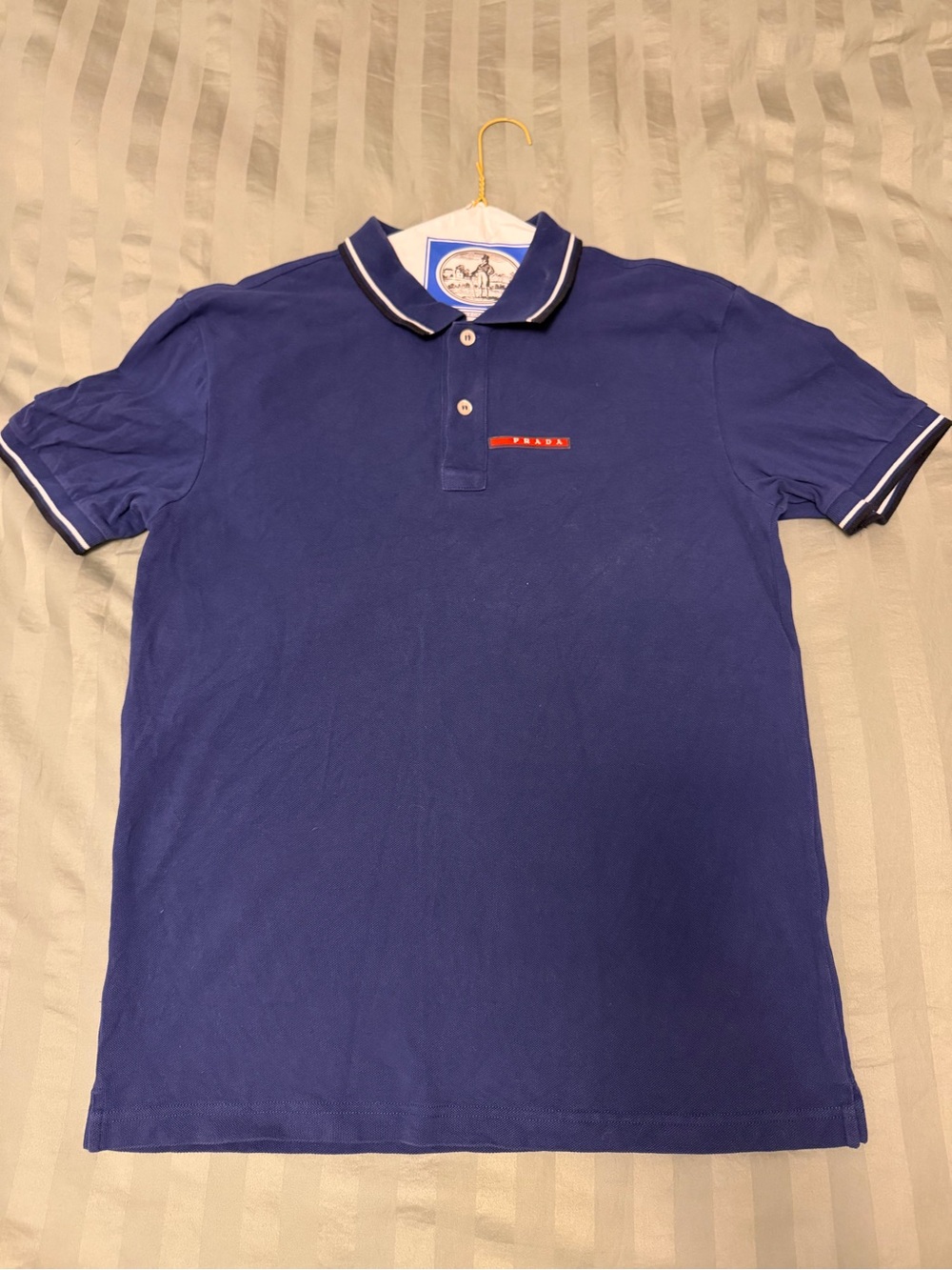 Prada Men's Blue Polo with White-Trim Collar